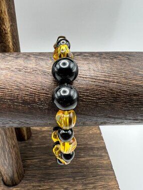 Black & Yellow Glass Beaded Stretch Bracelet Handmade Jewelry